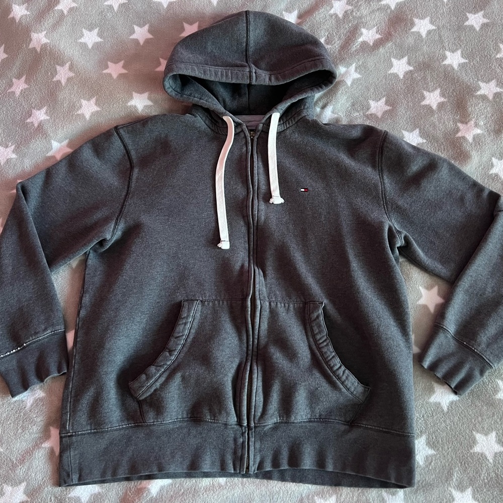 Tommy Hilfiger Dark Charcoal Gray Zip-Up Hoodie with White Drawstrings